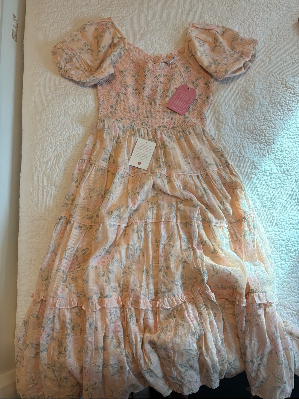 Girls' Pink Floral Puff-Sleeve Tiered Dress